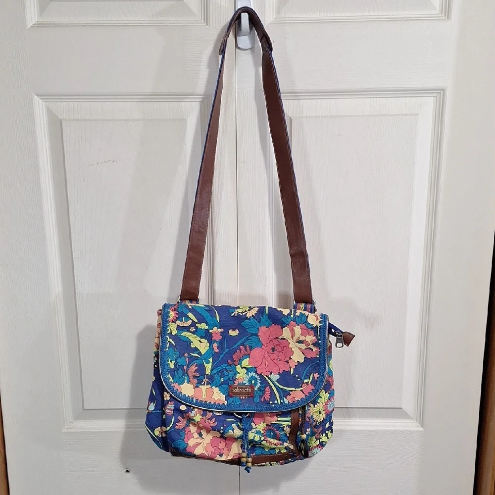 Sakroots Canvas Faux Leather Backpack Messenger Bag - Floral Blue Mulrixolor